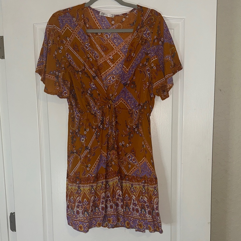 Rust & Lavender Paisley Tie-Front Dress